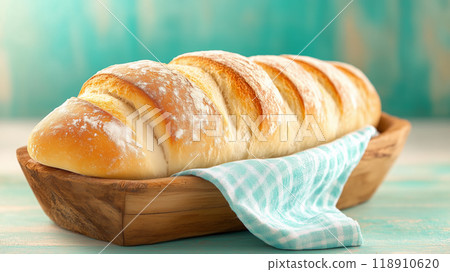 Freshly baked bread loaf in a rustic wooden bowl 118910620