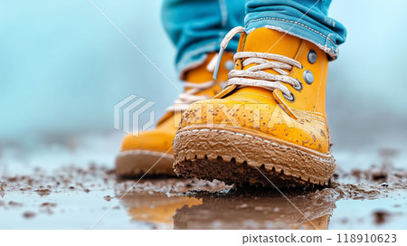 Bright yellow boots standing in muddy puddle outdoors 118910623