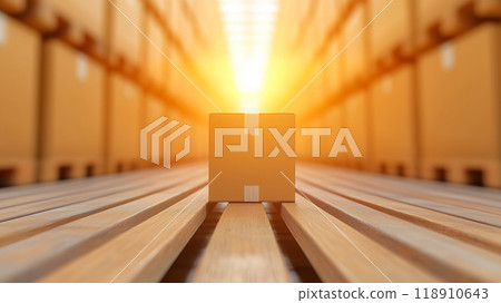 A cardboard box on wooden floorboards at sunset in a warehouse 118910643