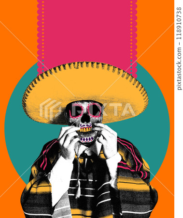 Colorful skull wearing sombrero and poncho, adjusting its mustache and teeth, against vibrant orange and teal background. Contemporary art collage. Dia de los Muertos. 118910738