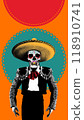 Colorful skull dressed as mariachi, adorned with sombrero and red tie, against vibrant orange and teal background. Contemporary art collage. Dia de los Muertos 118910741