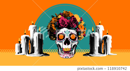 Skull adorned with flower wreath, surrounded by several melting candles against vibrant orange background, symbolizing celebration of Dia de los Muertos Skull adorned with flower wreath, surrounded by several melting candles against vibrant orange background, symbolizing celebration of Dia de los Muertos 118910742