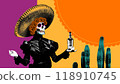 Female skull adorned with sombrero and marigolds, holding bottle of tequila against vibrant backdrop of cacti and setting sun. Contemporary art collage. Dia de los Muertos 118910745