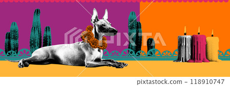 Xoloitzcuintli dog wearing flower garland, surrounded by cacti and candles, symbolizing the Mexican celebration of Dia de los Muertos 118910747
