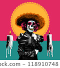 Skull adorned with sombrero and flowers, dressed in black leather jacket, against vibrant pink and turquoise background. Contemporary art collage. Dia de los Muertos 118910748