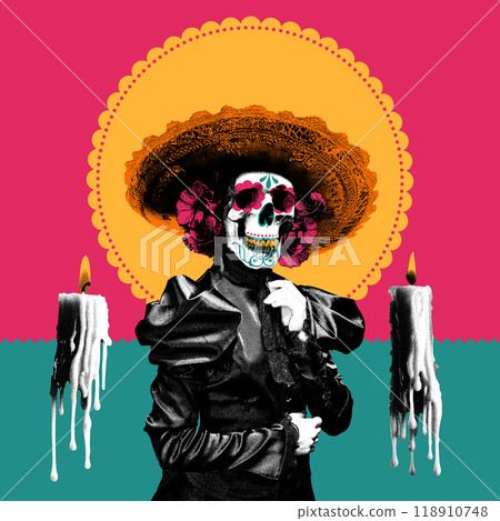 Skull adorned with sombrero and flowers, dressed in black leather jacket, against vibrant pink and turquoise background. Contemporary art collage. Dia de los Muertos Skull adorned with sombrero and flowers, dressed in black leather jacket, against vibrant pink and turquoise background. Contemporary art collage. Dia de los Muertos 118910748