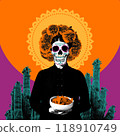 Female skull adorned with marigold wreath, holding bowl with chips against vibrant orange and purple backdrop with cacti. 118910749