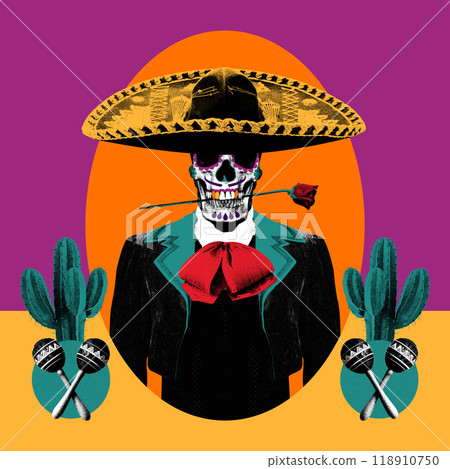 Colorful skull dressed as mariachi, adorned with sombrero, red tie, and rose, surrounded by cacti and maracas. Dia de los Muertos Colorful skull dressed as mariachi, adorned with sombrero, red tie, and rose, surrounded by cacti and maracas. Dia de los Muertos 118910750
