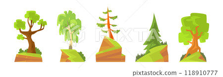 Green Tree with Trunk on Rock or Mountain Landscape Vector Set 118910777