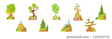 Green Tree with Trunk on Rock or Mountain Landscape Vector Set Green Tree with Trunk on Rock or Mountain Landscape Vector Set 118910778