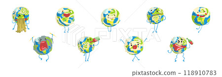 Funny Earth Planet Character with Face and Arm Vector Set 118910783