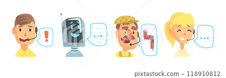 Hotline Call Center Man, Woman and Robot Operator at Support Department Vector Set Hotline Call Center Man, Woman and Robot Operator at Support Department Vector Set 118910812