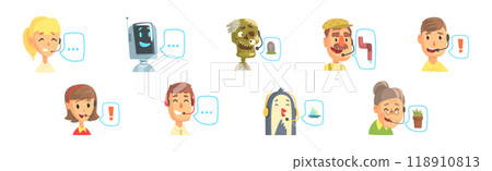 Hotline Call Center Man and Woman Operator at Support Department Vector Set Hotline Call Center Man and Woman Operator at Support Department Vector Set 118910813