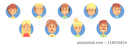 Hotline Call Center Man and Woman Operator at Support Department Vector Set 118910814