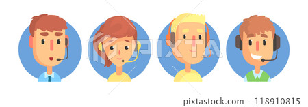 Hotline Call Center Man and Woman Operator at Support Department Vector Set 118910815