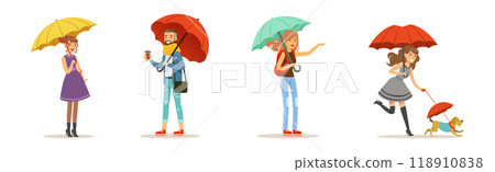 People Character with Umbrella Walk in Rainy Day Vector Set 118910838