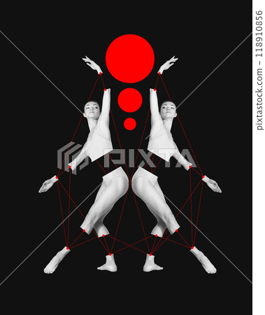 Poster. Contemporary art collage. Two mirrored ballerinas, linked by dynamic red lines, express symmetry, power, and modern abstraction in their poses. 118910856