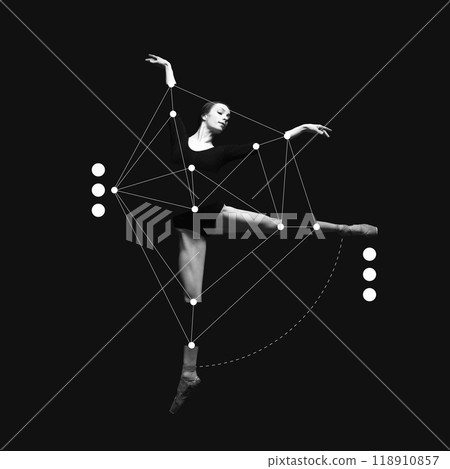 Poster. Contemporary art collage. Ballet dancer connected by white dots and lines, highlighting geometry in motion on black background. 118910857