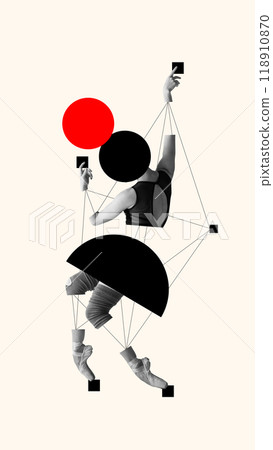 Poster. Contemporary art collage. Dancer's form merges with red and black abstract elements, connecting fluidity and modernism through bold shapes and lines. 118910870