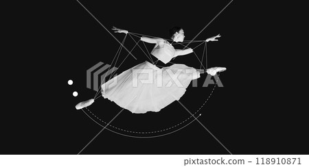Poster. Contemporary art collage. Ballerina in mid-leap, surrounded by clean, geometric lines, highlight flow and energy of her movement. 118910871