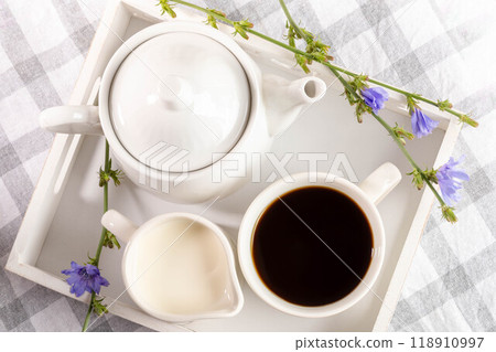 Herbal medicine. Shot in white. Tray, chicory tea cup, teapot, milk jug on plaid napkin. Top view. Herbal medicine. Shot in white. Tray, chicory tea cup, teapot, milk jug on plaid napkin. Top view. 118910997