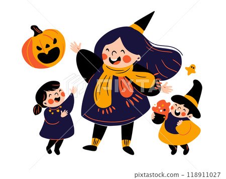 Group of Cute Kids in Halloween Costume -  Hand drawn 118911027