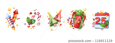 3D Christmas icon set, vector New Year firecracker, party paper cone hat, present box, calendar page 118911129