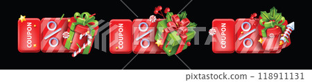 Merry Christmas 3D voucher, holiday promotion discount coupon, vector winter sale card, precent sign Merry Christmas 3D voucher, holiday promotion discount coupon, vector winter sale card, precent sign 118911131