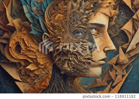 amalgamation of a human face and fractal elements, suitable for themes associated with the mind, rational thought, mental powers, and mystic consciousness. Created with generative AI tools 118911182