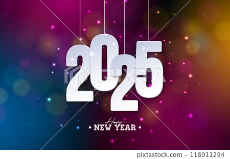 2025 Happy New Year Illustration with White Number and Typography Lettering on Colorful Background. Christmas Holiday Design for Flyer, Greeting Card, Banner, Celebration Poster, Party invitation or 2025 Happy New Year Illustration with White Number and Typography Lettering on Colorful Background. Christmas Holiday Design for Flyer, Greeting Card, Banner, Celebration Poster, Party invitation or 118911294
