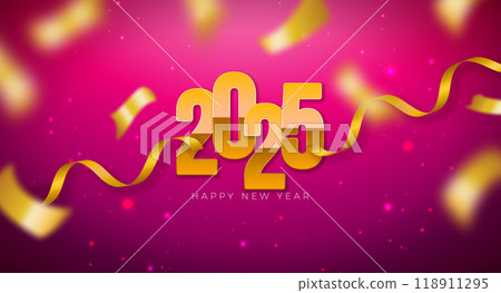 2025 Happy New Year Illustration with Golden Number and Falling Confetti on Red Background. Holiday Design with Typography Lettering for Flyer, Greeting Card, Banner, Celebration Poster, Party 118911295