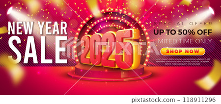 Happy New Year Sale 2025 Design with 3d Number, Glowing Light Bulb Billboard, Stage Podium and Falling Confetti on Red Background. Christmas Holiday Special Offer Campaign Discount Illustration for Happy New Year Sale 2025 Design with 3d Number, Glowing Light Bulb Billboard, Stage Podium and Falling Confetti on Red Background. Christmas Holiday Special Offer Campaign Discount Illustration for 118911296