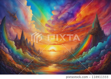 Illustration featuring surreal hues and textures of sunrise or sunset, suggesting themes of landscape painting, imagination, creativity, and art. Created with generative AI tools 118911333
