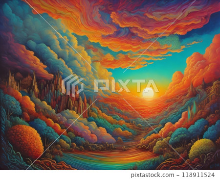 Illustration featuring surreal hues and textures of sunrise or sunset, suggesting themes of landscape painting, imagination, creativity, and art. Created with generative AI tools 118911524