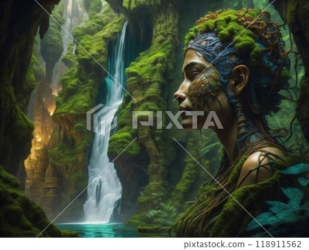 Close-up image of a woman's face symbolizing the fusion of human and nature. Created with generative AI tools 118911562