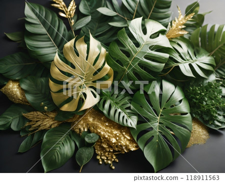 Picture featuring a bush of tropical green foliage plants such as Monstera, fern, and Eucalyptus leaves, highlighted with gold glitter particles. Created with generative AI tools 118911563