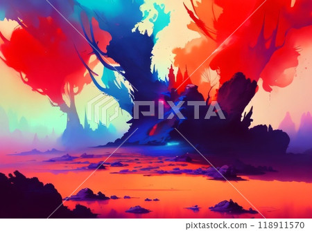 Underground hell landscape. Digital illustration of fantasy environment background in hell. Created with generative AI tools 118911570