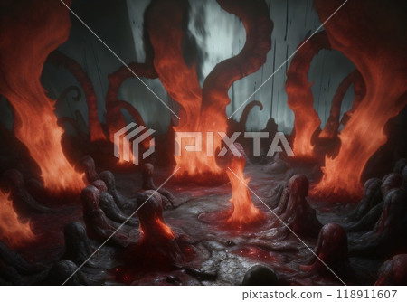 Underground hell landscape. Digital illustration of fantasy environment background in hell. Created with generative AI tools 118911607