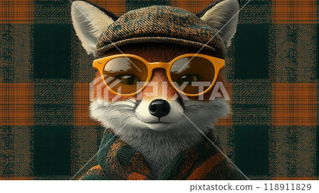 Beautiful fox in hat wearing yellow sunglasses, in a retro-style fashion with an orange and teal plaid background. Beautiful fox in hat wearing yellow sunglasses, in a retro-style fashion with an orange and teal plaid background. 118911829