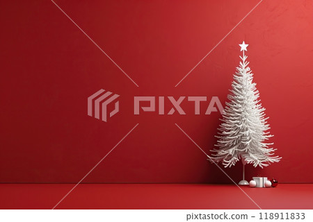 Red background with one white creative Christmas tree. Winter sale mock up. Seasonal holiday wide banner template, space for text. Simple elegant and modern Xmas poster, postcard. Greeting card 118911833