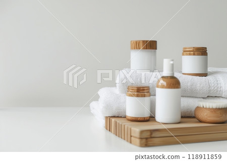 Natural skin care cosmetic tubes. Bathroom shelf with various hygiene accessories. Spa towel, different containers natural wood, brown glass. Bio beauty products. Light gray background. Shampoo, soap 118911859