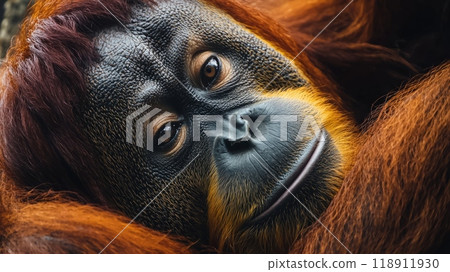 Close-up of male Sumatran orangutan looking at camera Close-up of male Sumatran orangutan looking at camera 118911930