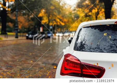 Moody scenic tail break light view modern white car windshield covered golden yellow fallen leaves parked wet city street  autumn rainy day. Overcast sky rain road drive. Seasonal weather conditions 118911974