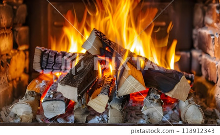 Close-up shot of fireplace and burning wood Close-up shot of fireplace and burning wood 118912343