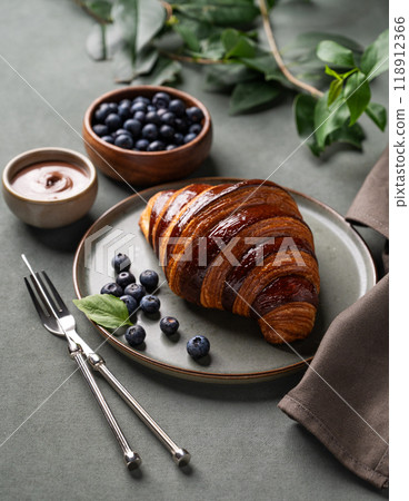 Fresh croissant with chocolate and blueberries on a dark plate on a green background with branch. 118912366