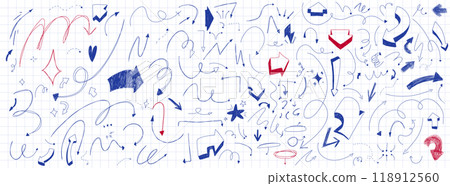 Set of handdrawn scribble arrows. Squiggly line strokes. Doodle elements. Infographic decoraring set. Collection of vector guides. Pen lines at the grid notebook background. Set of handdrawn scribble arrows. Squiggly line strokes. Doodle elements. Infographic decoraring set. Collection of vector guides. Pen lines at the grid notebook background. 118912560