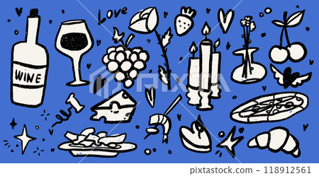 Set of dinner elements. Doodle vector illustrations of food and wine. Trendy scribble punk texture. Italian lunch icons. Party or romantic day collection on blue background. 118912561