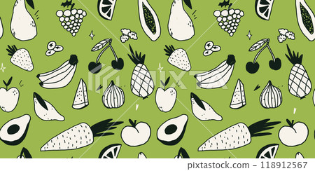 Background with tropical fruits. White and green colors. Scribble vector elements. Trendy fresh banner with healthy products. Seamless Healthy pattern Background with tropical fruits. White and green colors. Scribble vector elements. Trendy fresh banner with healthy products. Seamless Healthy pattern 118912567