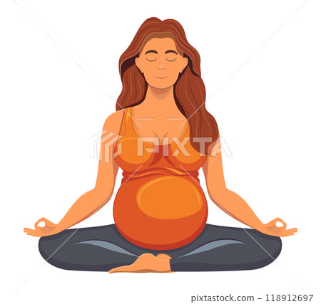 pregnant young woman sitting in yoga pose and meditating cartoon vector illustration 118912697