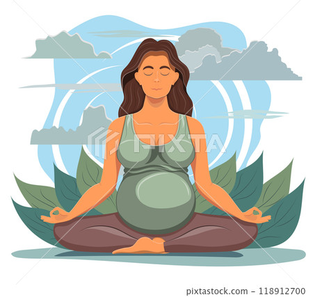 pregnant young woman sitting in yoga pose and meditating cartoon vector illustration pregnant young woman sitting in yoga pose and meditating cartoon vector illustration 118912700